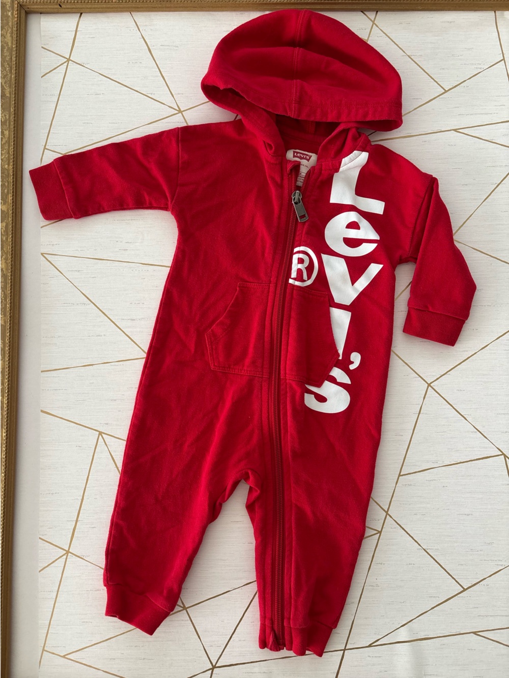 Levi's Bright Red Hooded Baby One-Piece Footie with White Logo